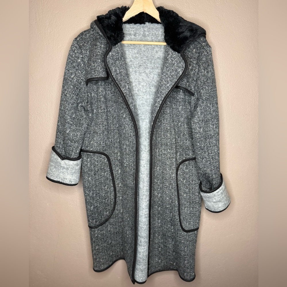 Gray & Black Herringbone Open Front Coat Faux Fur Hood Large Streetwear Feminine